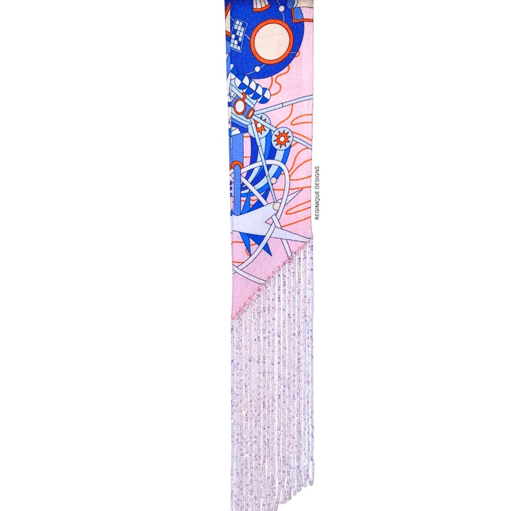 SeraBijoulet™ Handcrafted Silk Skinny Scarf with Beaded Fringe - Picture 6 of 7